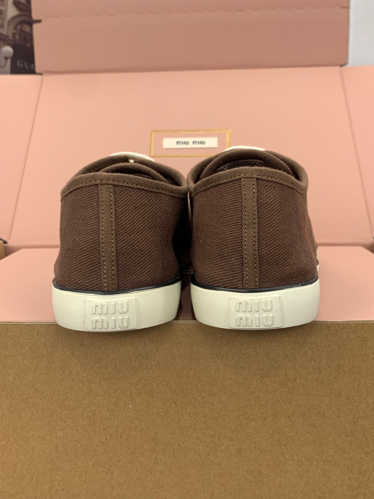 MIUMIU 26S LACE UP SNEAKERS IN DARK BROWN CANVAS RUBBER SOLE