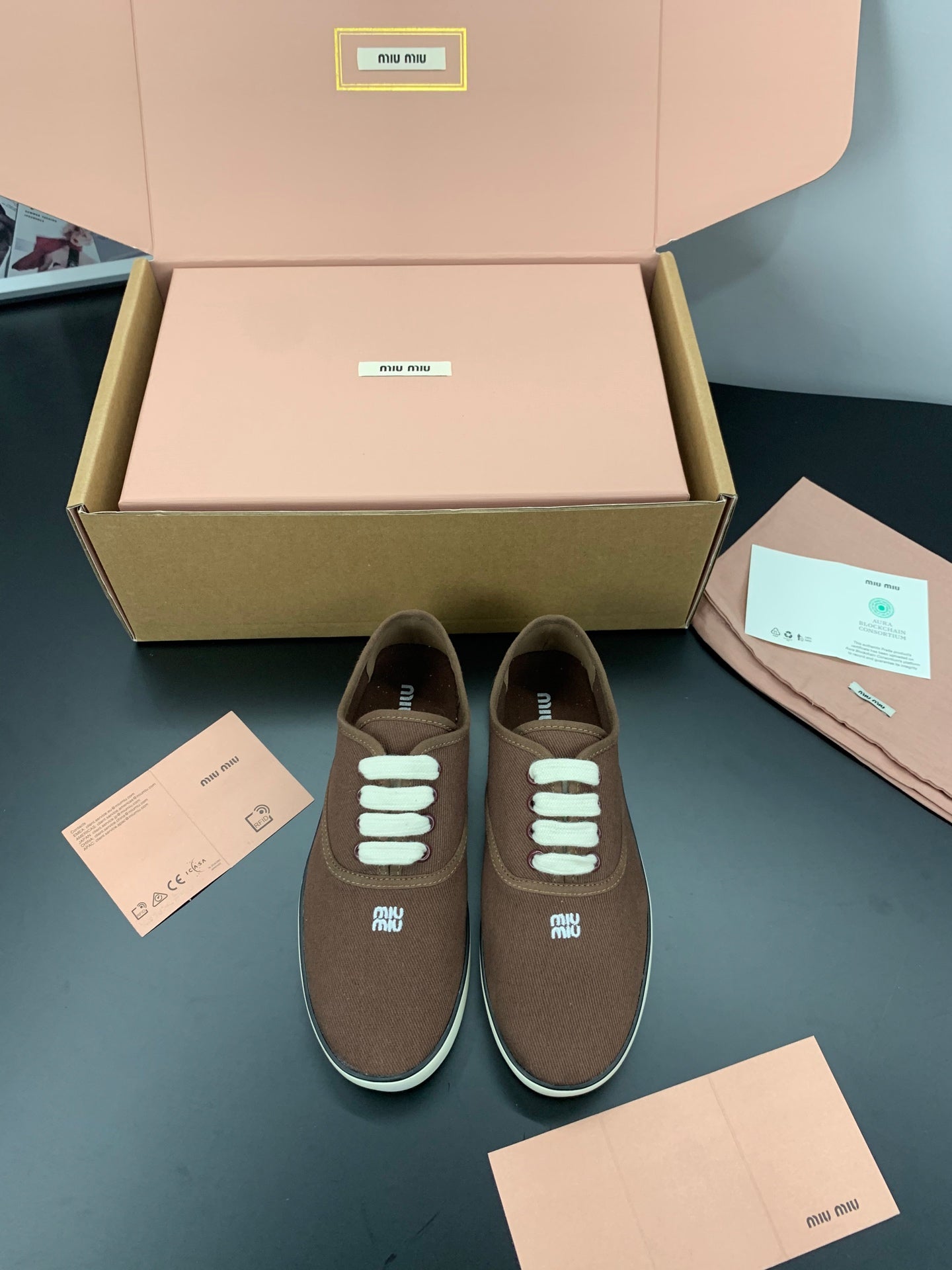 MIUMIU 26S LACE UP SNEAKERS IN DARK BROWN CANVAS RUBBER SOLE