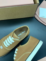 MIUMIU 26S LACE UP SNEAKERS IN CARAMEL BROWN CANVAS RUBBER SOLE
