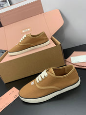 MIUMIU 26S LACE UP SNEAKERS IN CARAMEL BROWN CANVAS RUBBER SOLE