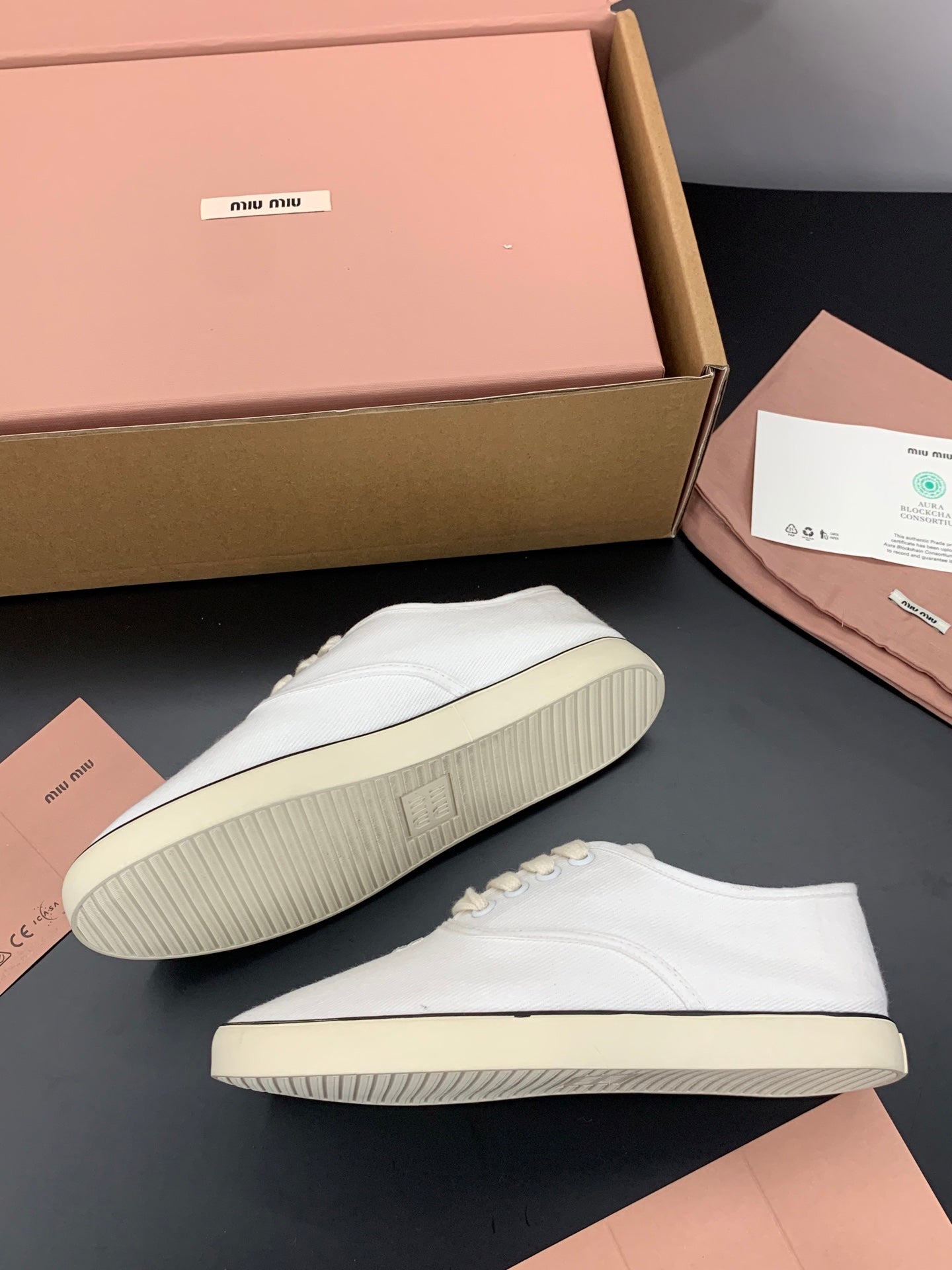 MIUMIU 26S LACE UP SNEAKERS IN WHITE CANVAS RUBBER SOLE