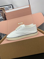 MIUMIU 26S LACE UP SNEAKERS IN WHITE CANVAS RUBBER SOLE