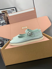 MIUMIU 26S MARY JANE FLATS IN PALE MINT CANVAS LOGO