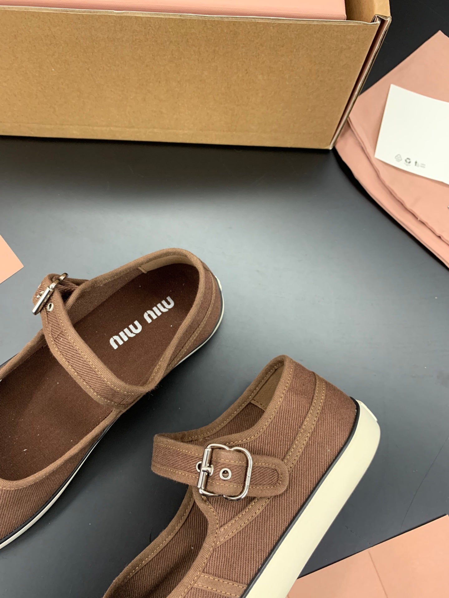 MIUMIU 26S MARY JANE FLATS IN DARK BROWN CANVAS LOGO