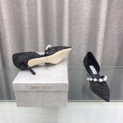 JIMMY CHOO 26S HIGH HEELS 65 MM IN BLACK LACE PEARL-EMBELLISHED