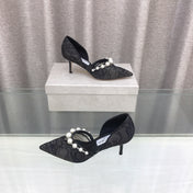 JIMMY CHOO 26S HIGH HEELS 65 MM IN BLACK LACE PEARL-EMBELLISHED