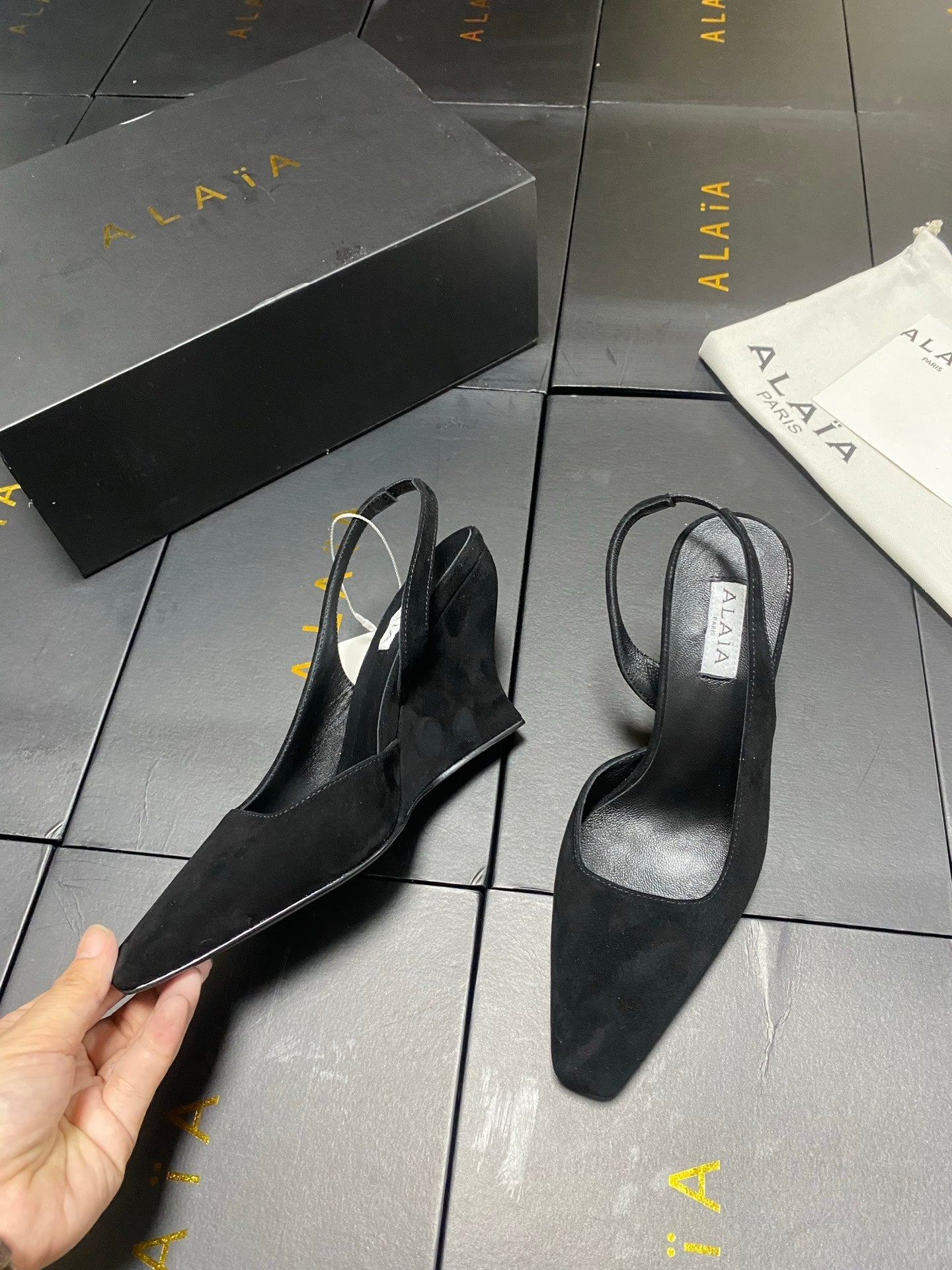 ALAIA 26S WEDGE SLINGBACKS 95 MM IN BLACK SUEDE