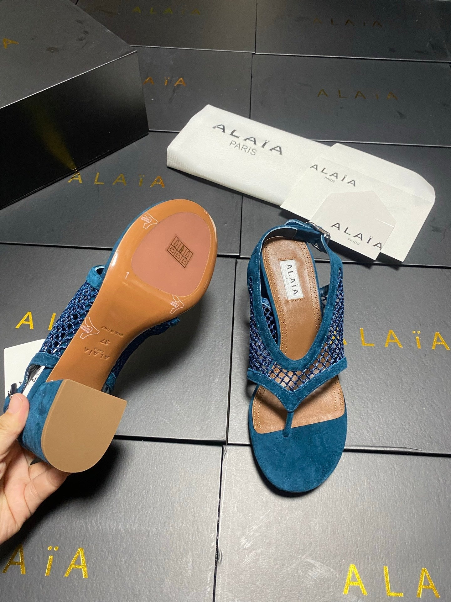 ALAIA 26S MESH THONG HEELS 55 MM IN PETROL BLUE SUEDE