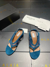 ALAIA 26S MESH THONG HEELS 55 MM IN PETROL BLUE SUEDE