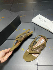 ALAIA 26S FLAT MESH THONG SANDALS MM IN MOSS GREEN SUEDE