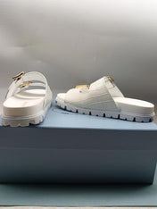 PRADA 26S STRAP SLIDES IN IVORY WHITE CROC EMBOSSED CALFSKIN GOLD HARDWARE