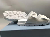 PRADA 26S STRAP SLIDES IN IVORY WHITE CROC EMBOSSED CALFSKIN