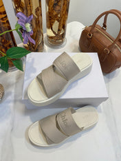 CHLOÉ WOODY WEDGE SANDALS IN DOVE GREY CANVAS WITH WHITE RUBBER SOLE