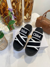 CHLOÉ WOODY WEDGE SANDALS IN BLACK MIX WHITE CANVAS WITH RUBBER SOLE
