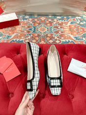 TROMPETTE BALLERINAS IN WHITE TWEED WITH BLACK STRIPES