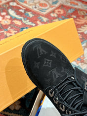 LV X TIMBERLAND ANKLE BOOT IN BLACK MONOGRAM SUEDE