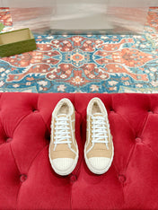 GG CANVAS SNEAKER IN CAMEL BROWN DENIM WITH BEIGE FLEECE LINING