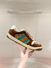 GUCCI 26S SCREENER SNEAKER IN BROWN SUEDE AND BEIGE CANVAS
