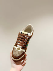 GUCCI 26S SCREENER SNEAKER IN BROWN SUEDE AND BEIGE CANVAS