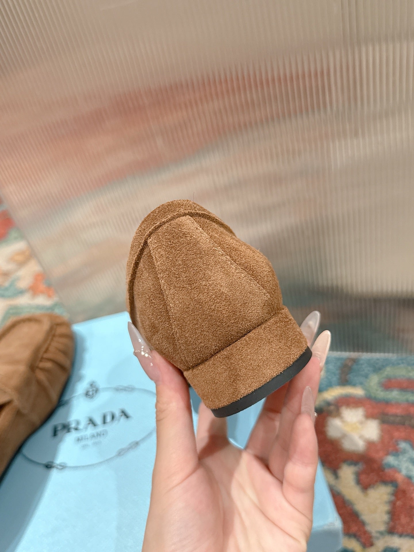 PRADA 26S LOAFERS 25MM IN CARAMEL BROWN SUEDE