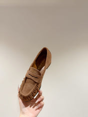 PRADA 26S LOAFERS 25MM IN CARAMEL BROWN SUEDE