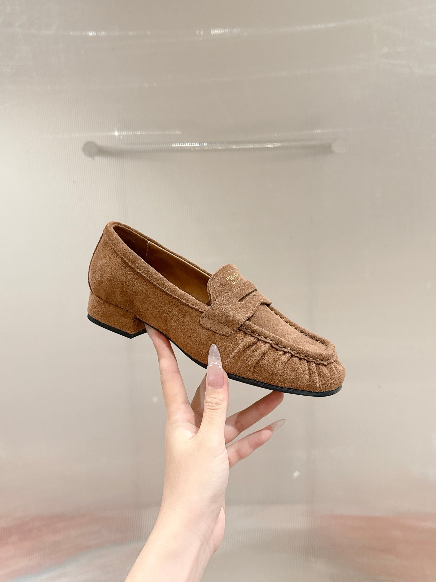 PRADA 26S LOAFERS 25MM IN CARAMEL BROWN SUEDE