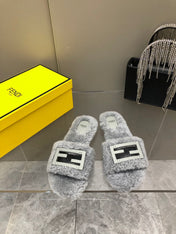 FENDI BAGUETTE SLIDE SLIPPERS IN GREY WOOL
