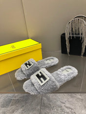 FENDI BAGUETTE SLIDE SLIPPERS IN GREY WOOL