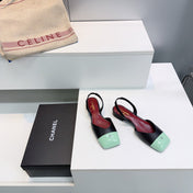 CHANEL 26S FLAT SLINGBACK IN BLACK LAMBSKIN WITH MINT GREEN CAP TOE