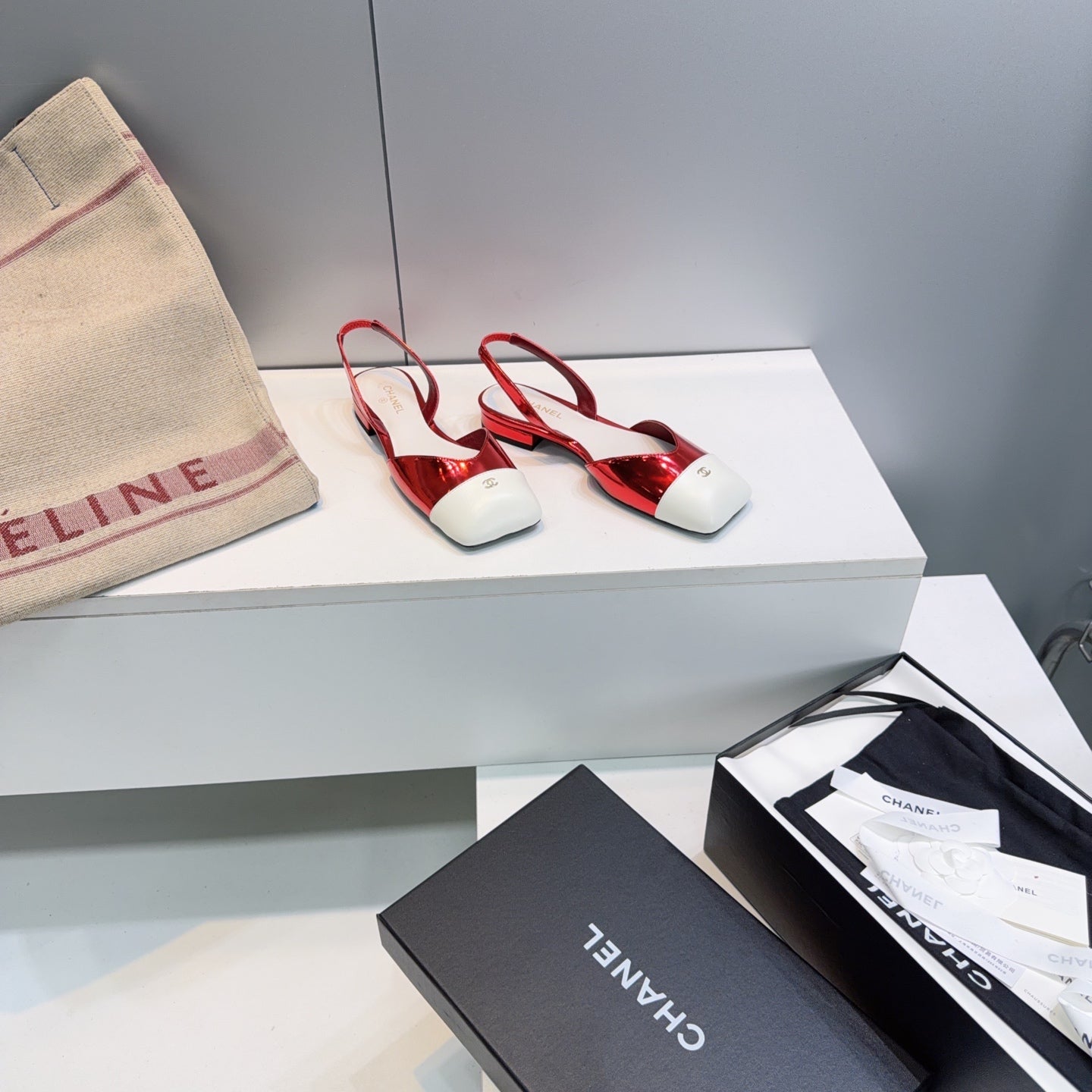 CHANEL 26S FLAT SLINGBACK IN RED GLOSSY LAMBSKIN WITH WHITE CAP TOE