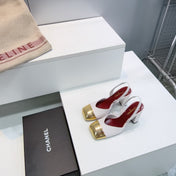 CHANEL 26S SLINGBACK 95 MM IN WHITE LAMBSKIN WITH GOLD CAP TOE