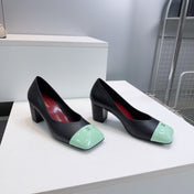 CHANEL 26S SQUARE-TOE HIGH HEELS 55 MM IN BLACK LAMBSKIN WITH MINT GREEN CAP TOE