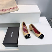 CHANEL 26S SQUARE-TOE HIGH HEELS 55 MM IN BEIGE LAMBSKIN WITH BLACK CAP TOE