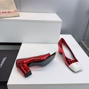 CHANEL 26S SQUARE-TOE HIGH HEELS 55 MM IN RED GLOSSY LAMBSKIN WITH WHITE CAP TOE