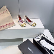 CHANEL 26S SQUARE-TOE HIGH HEELS 55 MM IN WHITE LAMBSKIN WITH GOLD CAP TOE