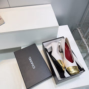 CHANEL 26S SQUARE-TOE HIGH HEELS 55 MM IN WHITE LAMBSKIN WITH GOLD CAP TOE