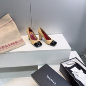CHANEL 26S SQUARE-TOE HIGH HEELS 95 MM IN BEIGE LAMBSKIN WITH BLACK CAP TOE