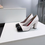 CHANEL 26S SQUARE-TOE HIGH HEELS 95 MM IN WHITE LAMBSKIN WITH BLACK CAP TOE