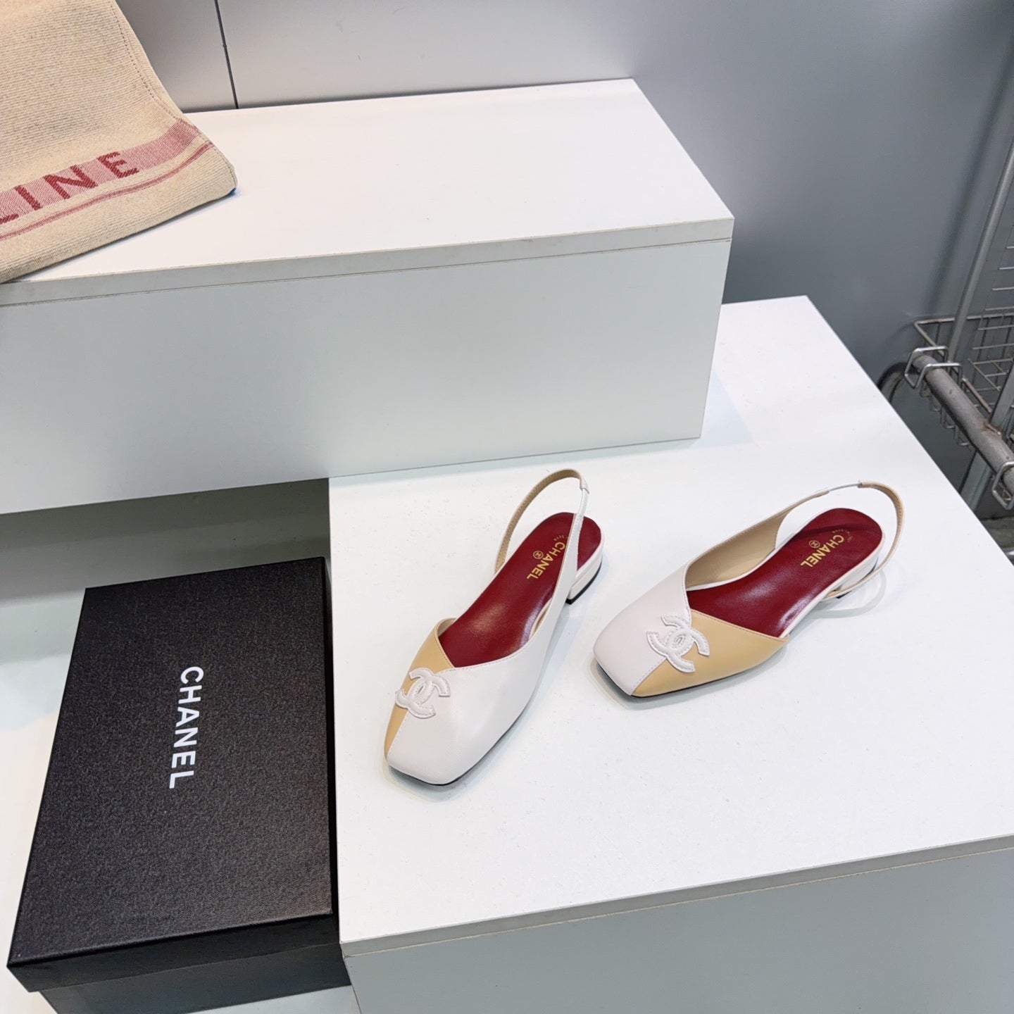 CHANEL 26S FLAT SLINGBACK IN BEIGE AND WHITE LAMBSKIN