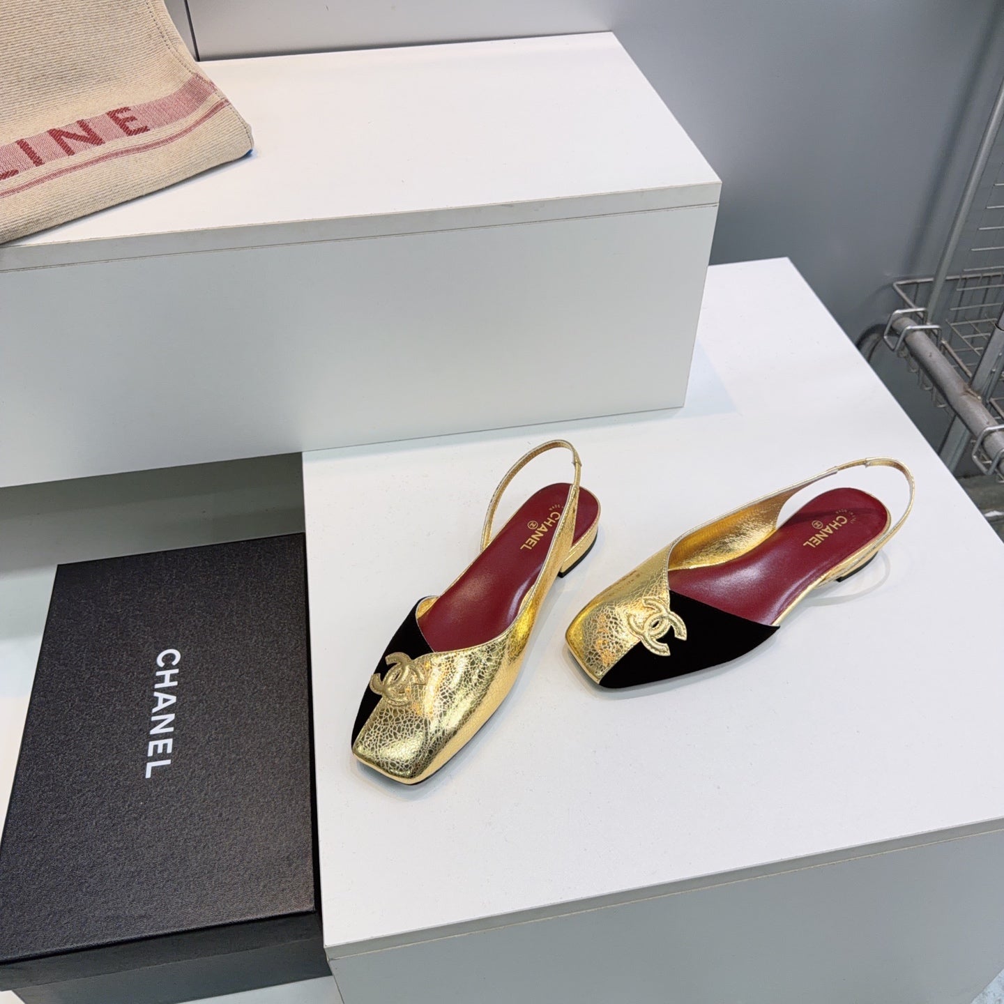 CHANEL 26S FLAT SLINGBACK IN GOLD LAMBSKIN AND BLACK SUEDE