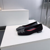 CHANEL 26S SQUARE-TOE FLATS IN BLACK LAMBSKIN AND SUEDE