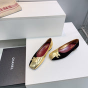 CHANEL 26S SQUARE-TOE FLATS IN GOLD LAMBSKIN AND BLACK SUEDE