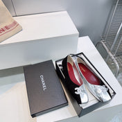 CHANEL 26S SQUARE-TOE FLATS IN SILVER LAMBSKIN AND BLACK SUEDE