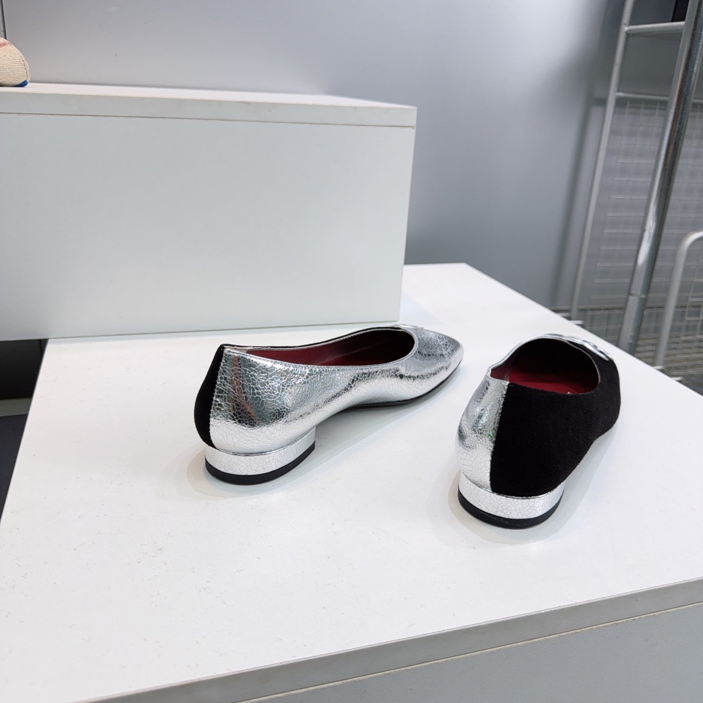 CHANEL 26S SQUARE-TOE FLATS IN SILVER LAMBSKIN AND BLACK SUEDE