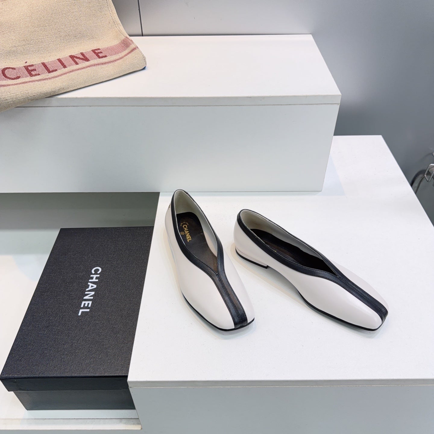 CHANEL 26S SQUARE-TOE FLATS IN WHITE LAMBSKIN WITH BLACK TRIM