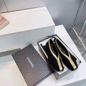 CHANEL 26S SQUARE-TOE FLATS IN BLACK SUEDE WITH GOLD PATENT TRIM