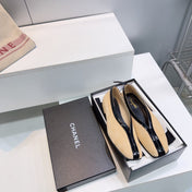 CHANEL 26S SQUARE-TOE FLATS IN BEIGE SUEDE WITH BLACK PATENT TRIM