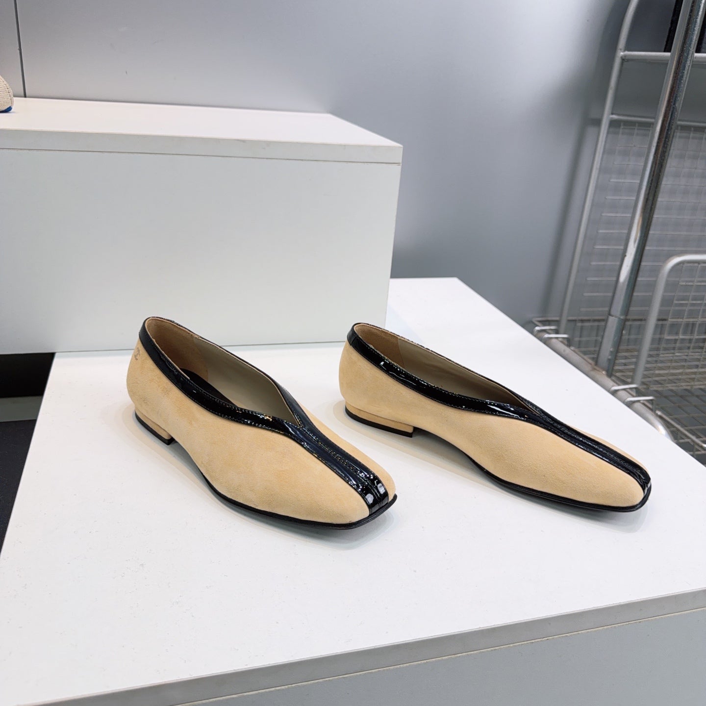 CHANEL 26S SQUARE-TOE FLATS IN BEIGE SUEDE WITH BLACK PATENT TRIM