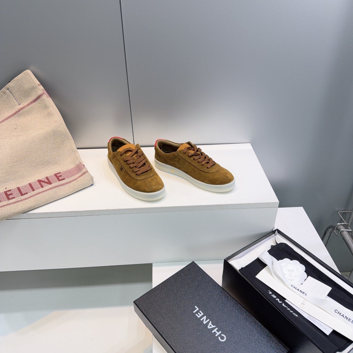 CHANEL 26S GUM SOLE SNEAKERS IN BROWN SUEDE