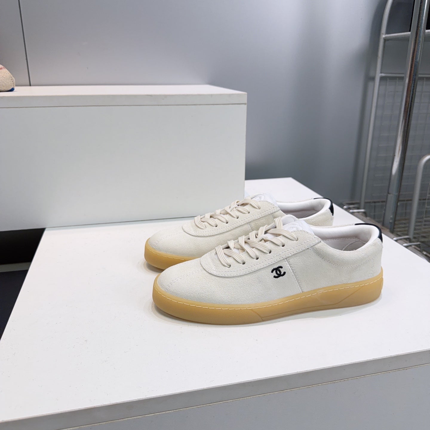 CHANEL 26S GUM SOLE SNEAKERS IN OFF-WHITE SUEDE
